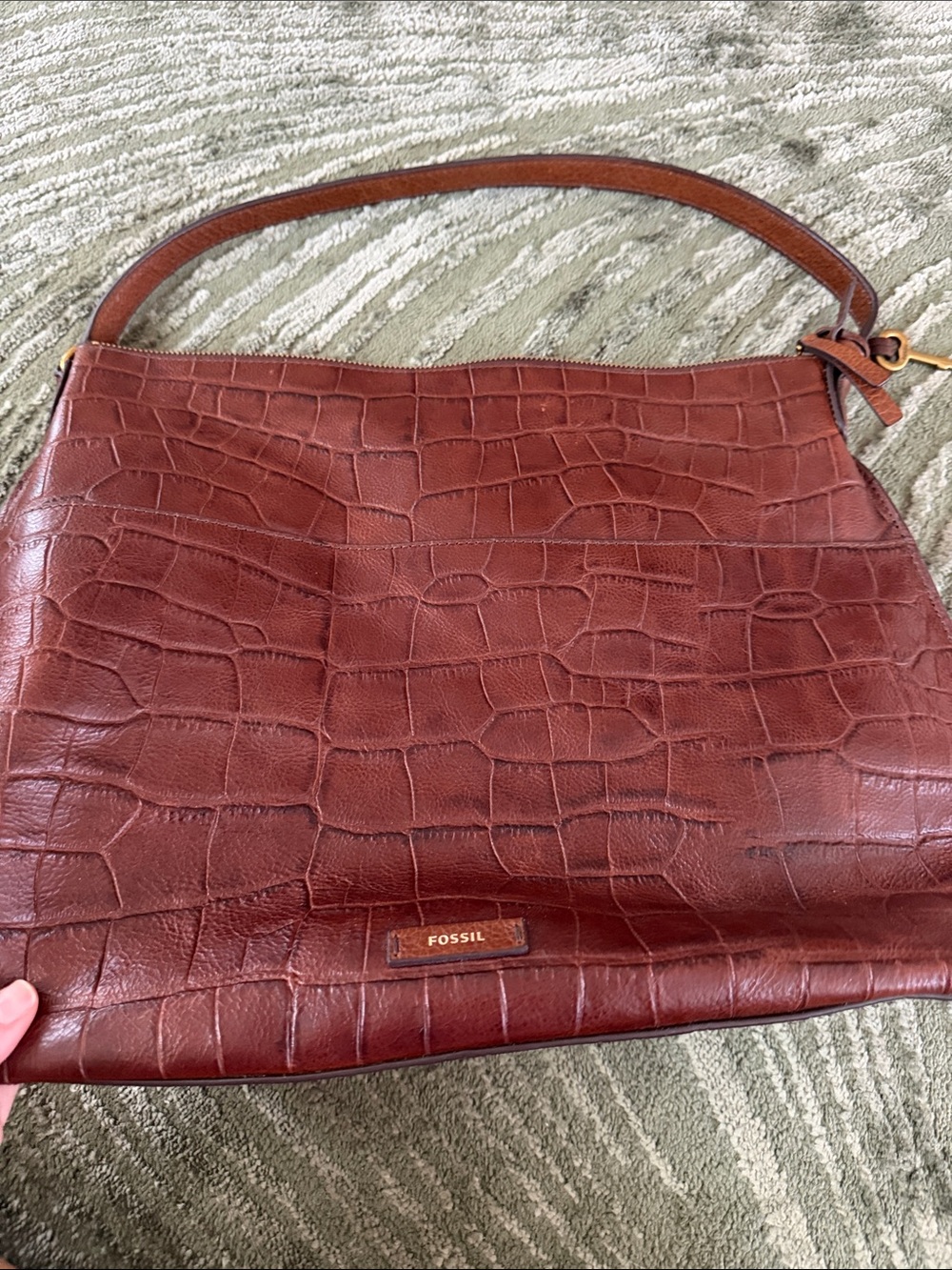 Fossil Cognac Croc-Embossed Shoulder Bag